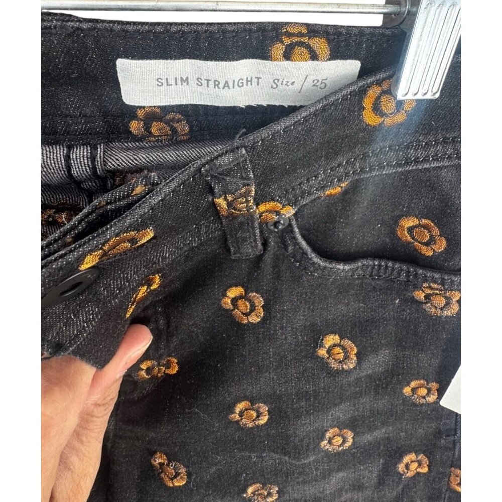 Pilcro & the Letterpress Black Jeans Sz 25 Slim Straight Gold Floral Embroidered - Picture 4 of 11